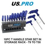 US PRO 10pc T-Handle Torx Key Set Long Star Wrenches T9 - T50 + Storage Rack