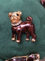 LONDON Designer Gold/Brown enamel PUG DOG,Crystal CollarMOPS BROOCH PIN