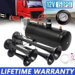 Air Horn Truck Train Horns Kit 12 Volt with Air Compressor 4 Trumpet 150db Black
