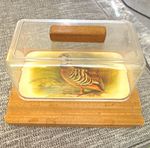Covered Butter Dish with Clear Lid, Matte Wood Base, Bird Pattern Rustic
