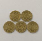 5 Showbiz Pizza Place Brass Coin Play Token - 1980's Rare Vintage Collectible