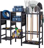 Garden Tool Storage Rack, 3 Tier Metal Yard Tool Organizer with Wooden Shelves,