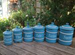 Vintage French Blue White Enamel Canister Storage Jars Lidded Set of 6