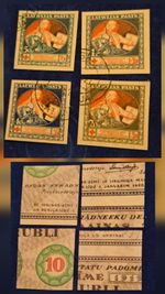 Latvia Latwijas 1920 Post WWI Stamps 1,20,40 & 50 Rublis on 10 rublis banknote