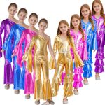 Girls Metallic Sparkle Disco Ruffle Flare Jumpsuit Jazz Dance Jumpsuit Dancewear