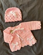 Baby Girls Handmade Crochet Cardigan And Hat Set In Pink,3-6 Months