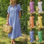 UK Ladies Long Striped Dress Casual Pocket Loose V Neck Dresses Plus Button Size