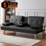 Black Faux Leather Sofa Bed Click Clack Multi Function Drink Holders Chrome Legs