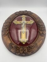 Vintage French Crucifix Velvet Elegant Carved Wood Baroque Frame Convex Glass