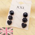 3prs BLACK STUD EARRINGS round,flower,heart JET CRYSTAL 1cm enamel circle STUDS