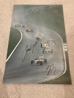 ALAIN PROST AND DAMON HILL HAND SIGNED F1 DONINGTON GP 1993 FIRST LAP PHOTO GPL