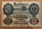 Germany Banknote. 20 Mark. Rare 1907 Date. Pick 28. Vintage Note