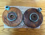 Pair of Wooden Bobbin Flanges with Green Felt, Oxford Mill Rochdale Circa 1924