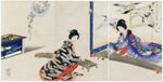 Chikanobu Yoshu Antique Orig Japanese Triptych Woodblock Print - Koto Playing