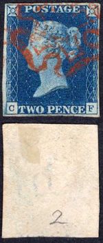 1840 2d Blue (CF) Plate 2 with Red Cross Bottom margin enhanced Cat 1750 pounds