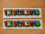 Valentino Rossi style text - "THE DECORATOR"  x2 stickers / decals  - 5in x 1in