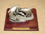 WAPW (Pewter?) Statue by Mark Locker: 3321 - The Playful Dolphins with wood base