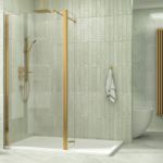 Brushed Brass Walk In Wet Room Shower Enclosure Screen with Flipper Panel Glass
