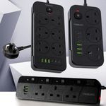 Surge Protected Mains Extension Lead UK Power Cable Plug 3/6 Socket Black USB