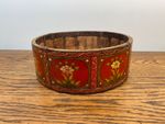 ANTIQUE ORNATE HAND PAINTED METAL COVERED WOODEN GRAIN MEASURE BOWL