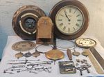 Vintage Clockmaker Repair Parts Job Lot. Hands, Pendulums, Winding Keys, Glass.