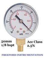Vacuum Gauge Steel Case 50mm -1/0 Bar -30"Hg  1/8 BSPT Bottom 2.5% Acc.