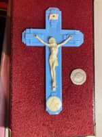 Vintage Wall Crucifix, Blue,  Early Plastic, France. 13.5 cm, 5.5 inches