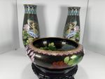 Vintage Cloisonné Enamel Vase Pair & Bowl Peacock Floral China Decor