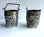 PAIR VINTAGE ORIENTAL CHINESE EXPORT SILVER DRAGON BUCKETS. FOR SHOT GLASSES?