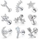 16g Labret Stud Piercing CZ Gem Flat Back Tragus Helix Surgical Steel Earring