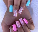 Press On Medium Square Fake False Nails Wavvy Hot Pink Baby Blue Swirl  24pcs