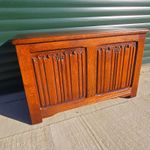 Vintage Solid Oak Coffer Storage Trunk Linen Fold Carved Wood Bros Style Romania