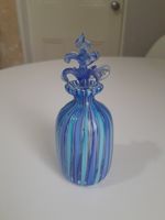 Hand Blown Venetian Vintage Murano Blue stripe Miniature PERFUME BOTTLE &Stopper