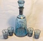 Vintage Venetian Ice Blue Italian Glass Decanter & 4 Shot Glasses Silvered Cool