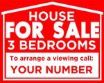 HOUSE FOR SALE - Home Sale  sign boards 60x46cm Plastic Boards -- 3 BEDROOMS-Red