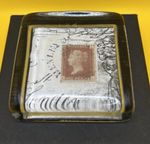 Vintage Red Penny Stamp Set In Glass Paperweight In Original Presentation Box