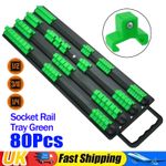 Socket Rail Organizer Tray Holds 80 Sockets 1/4 3/8 1/2" Drive Clips Tool Green