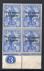 M15337 Malta 1925 SG142 - 2½d on 3d bottom marginal PLATE (3) block of 4.