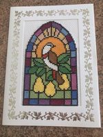 Completed Christmas Cross Stitch Card Partridge In A Pear Tree. Silver trim.