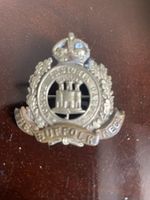 The Suffolk Regiment Cap Badge Blow Holes & Crimped Slider Montis Insignia Calpe