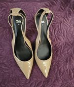 Zara Beige Patent Leather Slingback Stiletto Heels Pointed Toe UK 7 EU 40