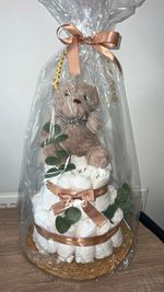 Baby Gift Basket Hamper Nappy/Diaper Cake Teddy Bear White/Beige Ribbon Wrap