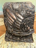 vintage hand-carved wood book end Chinese sailing boat figures on board