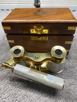 Mother of Pearl binocular Brass Binocular With Handle, + Nautical Wooden box EX