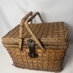 Vintage Wicker/Picnic Basket Blue Chequered