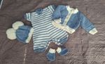 Hand Knitted Baby Romper & Cardigan Set – Blue & Cream – Handmade 0 To 3 Mths