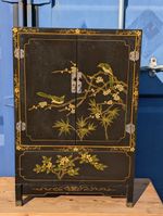 Vintage Chinese Chinoiserie Black Lacquer Cabinet Hand Painted Birds Floral