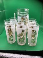 ART DECO CZECH GLASS JUG & 5 TUMBLER DRINKS GLASSES SET GOLD FLOWERS COCKTAILS 