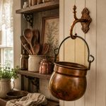 Antique Handcrafted Copper Pot Wrought Iron Handle Victorian Farmhouse Kitchen