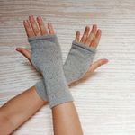 Light Beige Knit Fingerless Gloves, Merino Wool Mittens with Japanese Seed Beads